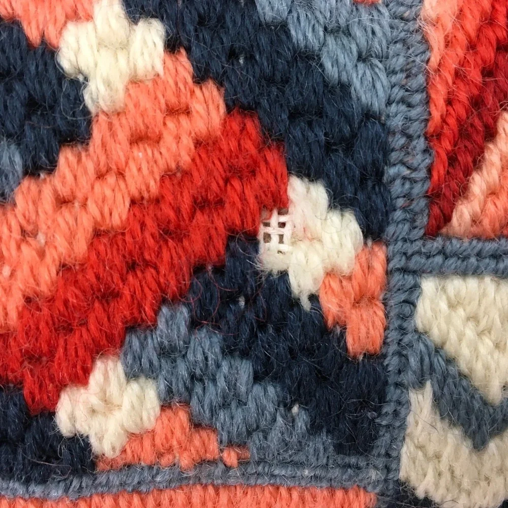 Vintage 1975 Needlepoint Pillow Square Sampler Style Floral Geometric‎ Blue Red